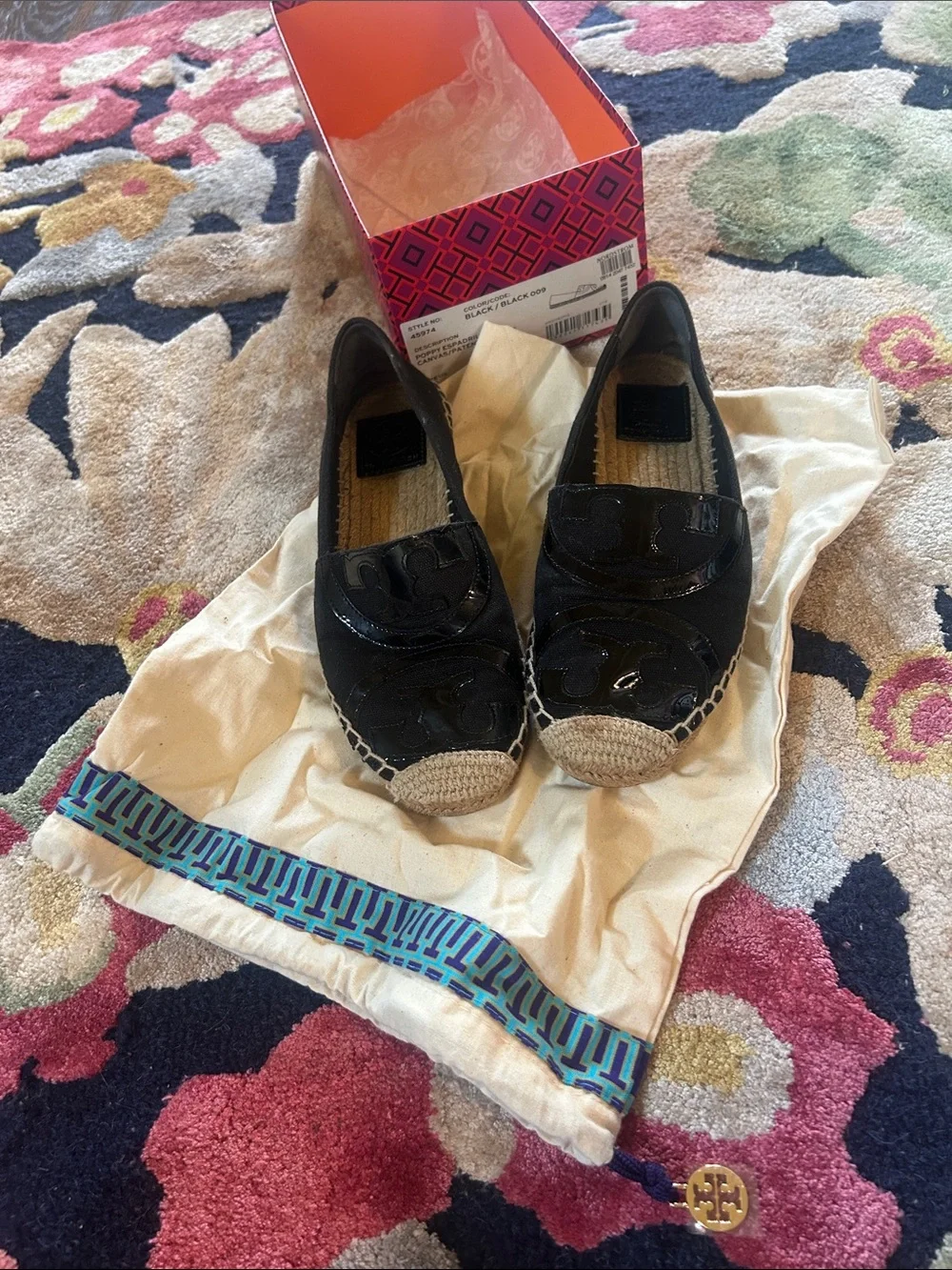 Tory Burch Poppy Black Espadrille Loafers with Patent Accents - Women
